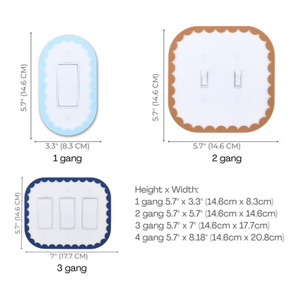 Scalloped Oval 3D wall plate custom frame size chart — 1 to 4 gang dimensions in inches and cm