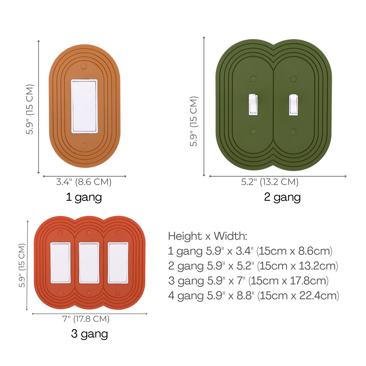 Stadium Oval wall plate size chart — 1 to 4 gang dimensions in inches and cm