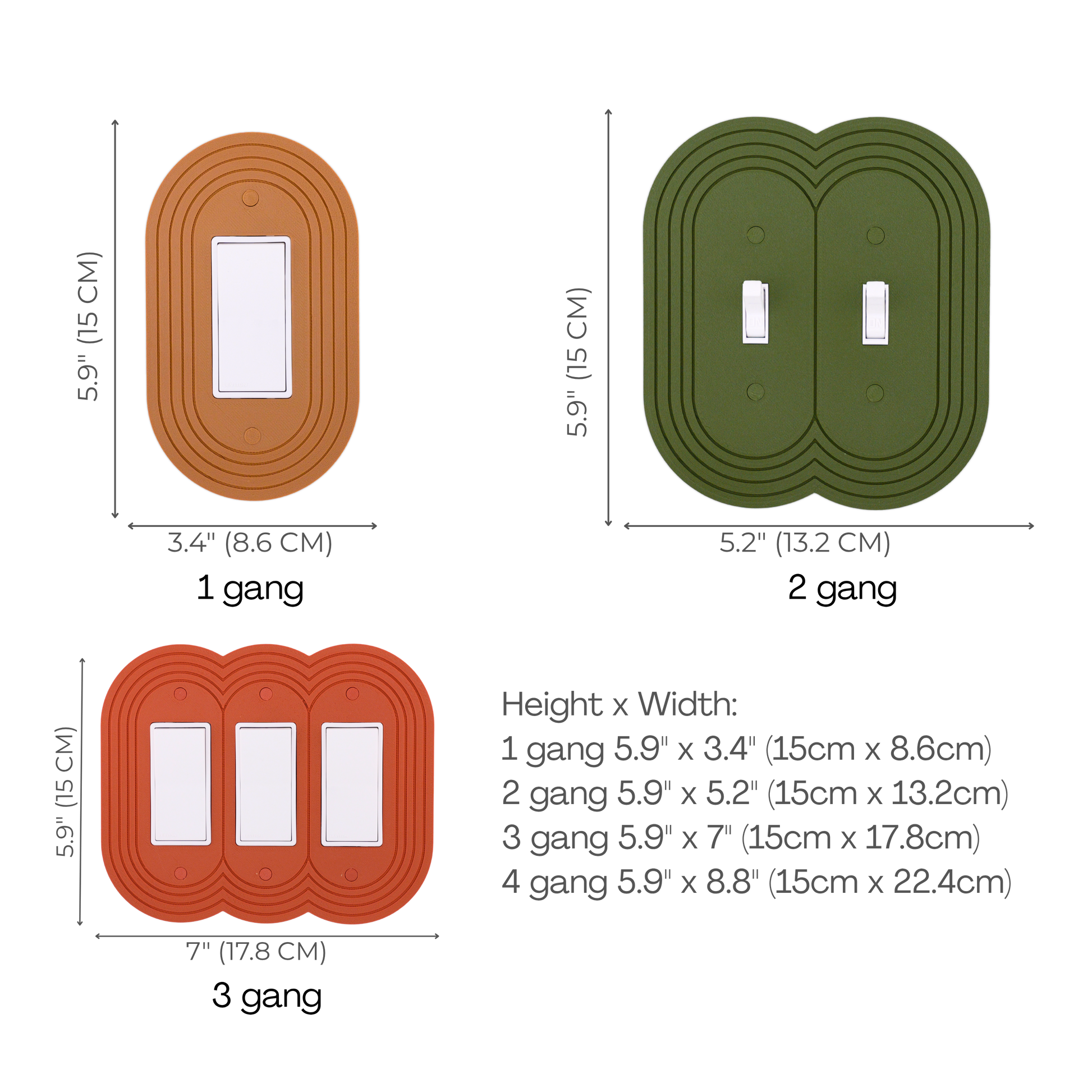 Stadium Oval wall plate size chart — 1 to 4 gang dimensions in inches and cm