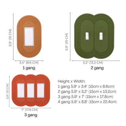 Stadium Oval wall plate size chart — 1 to 4 gang dimensions in inches and cm