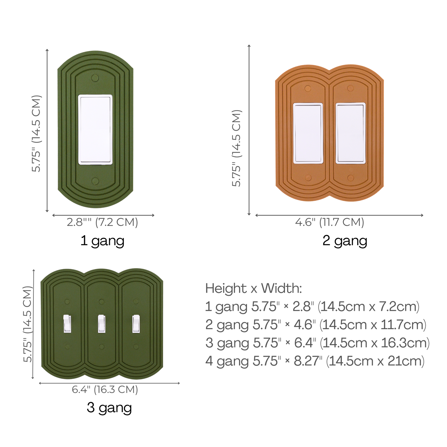 Rounded Wall Plate size chart — 1 to 4 gang dimensions in inches and cm