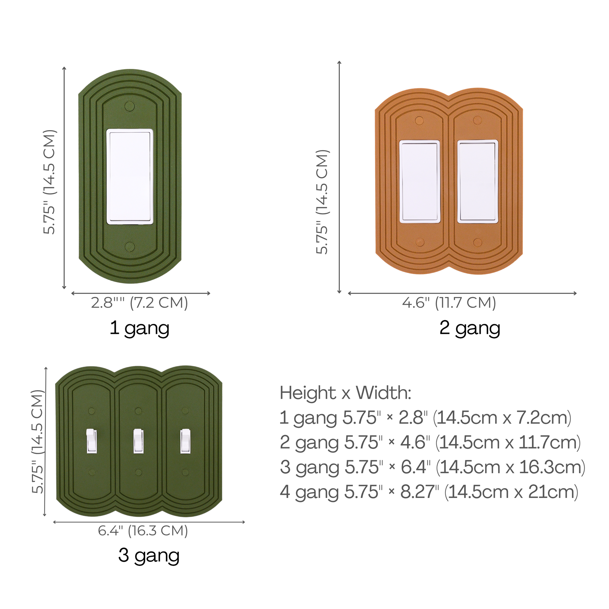 Rounded Wall Plate size chart — 1 to 4 gang dimensions in inches and cm