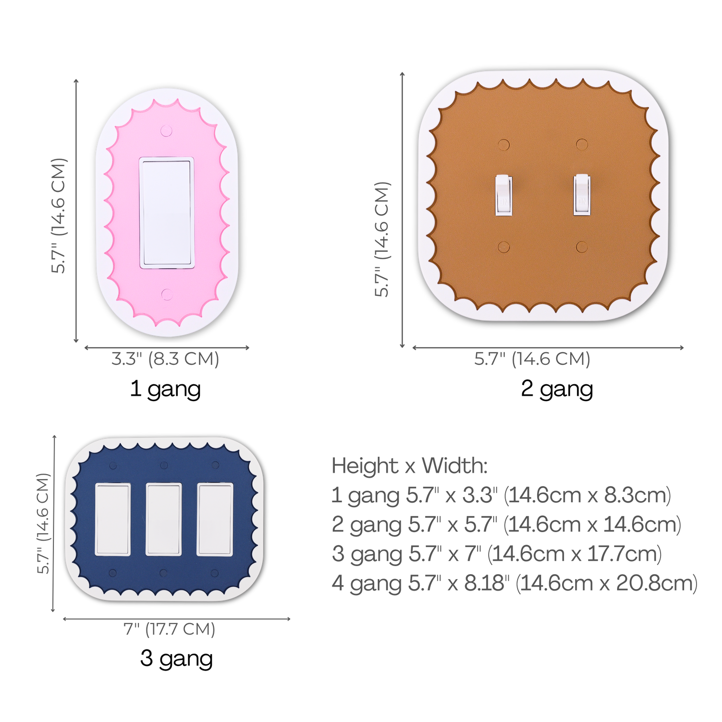 Scalloped Oval 3D wall plate custom center size chart — 1 to 4 gang dimensions in inches and cm