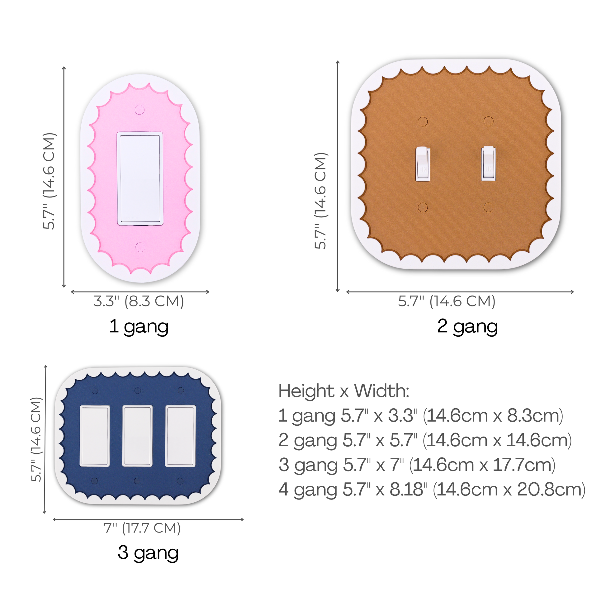 Scalloped Oval 3D wall plate custom center size chart — 1 to 4 gang dimensions in inches and cm