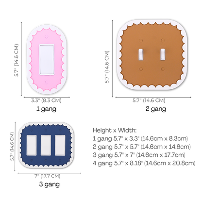 Scalloped Oval 3D wall plate custom center size chart — 1 to 4 gang dimensions in inches and cm