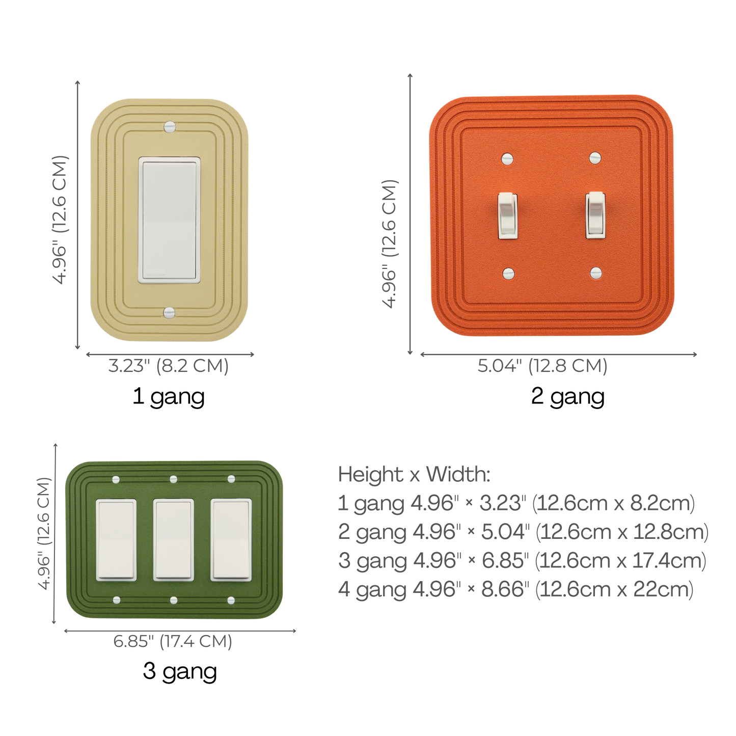 Classic Rectangle Wall Plate size chart — 1 to 4 gang dimensions in inches and cm