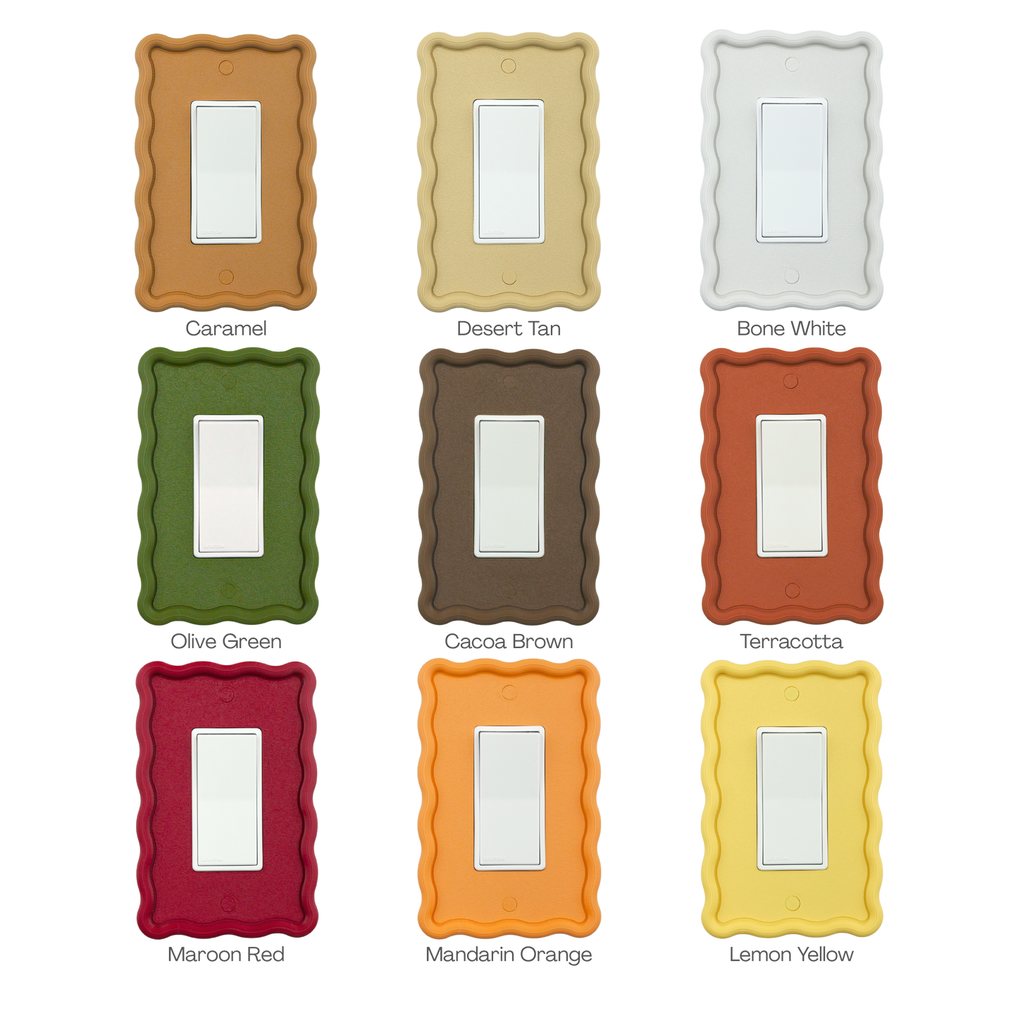 Wavy Rectangle 3D Wall Plate color options: caramel, tan, white, olive, brown, terracotta, red, orange, yellow