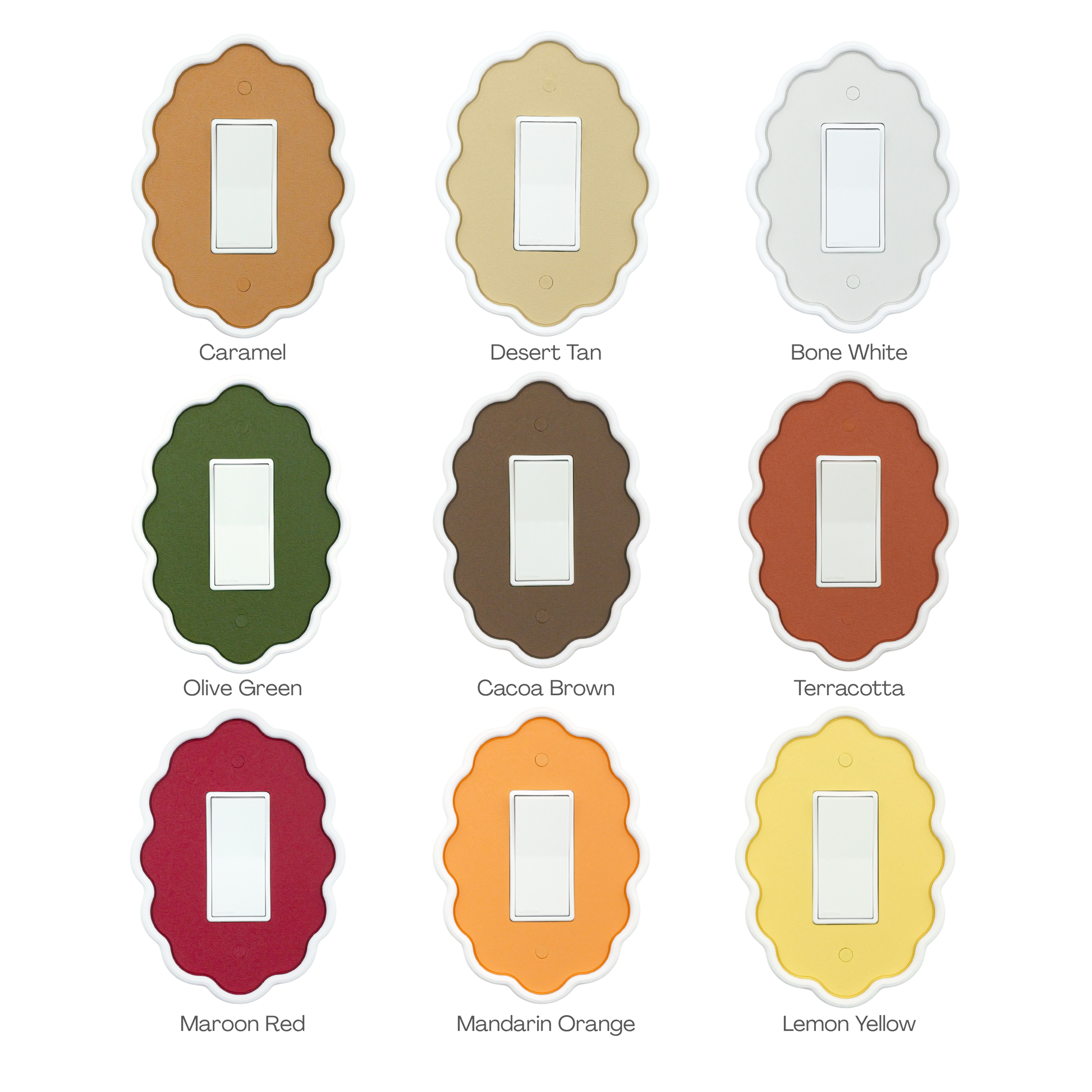 Wavy Oval 3D Wall Plate color palette — caramel, tan, olive green, cacoa brown, terracotta and more