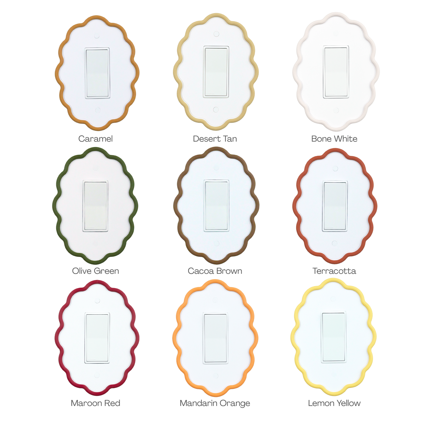 Wavy Oval 3D Wall Plate custom frame in caramel, desert tan, bone white, olive green and 5 more colors