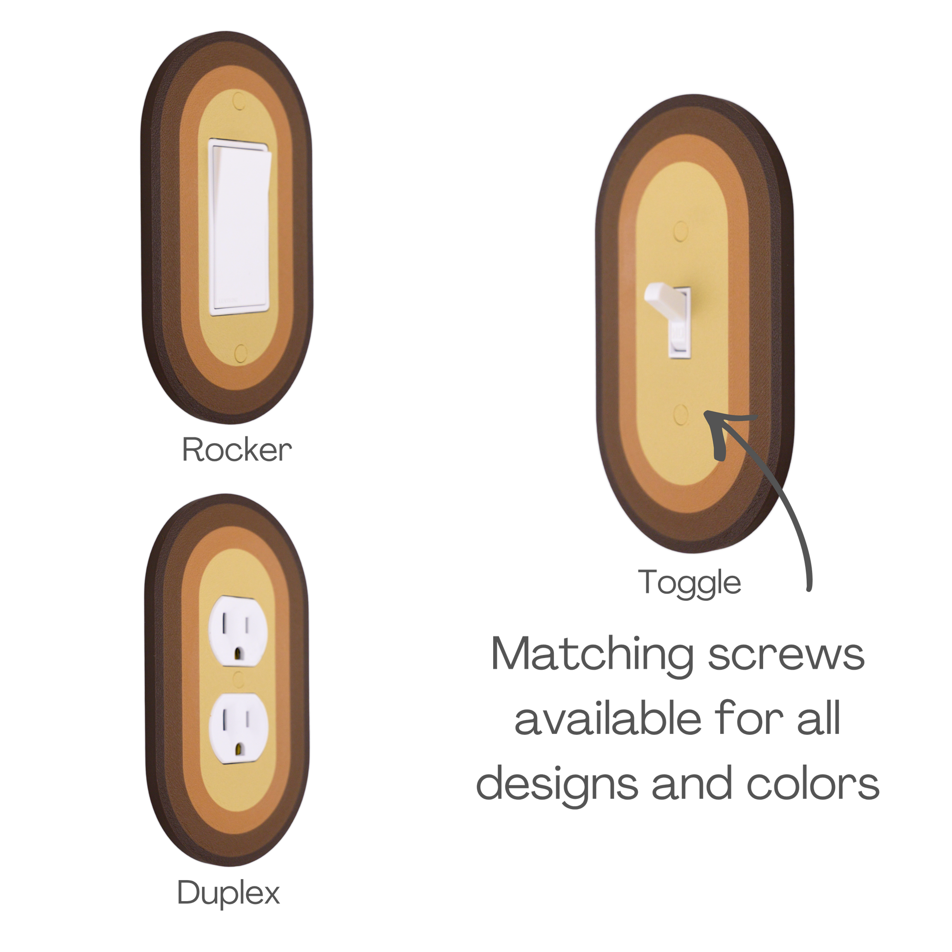 Oval Colored wall plate in brown tones available in rocker, toggle, and duplex switch types