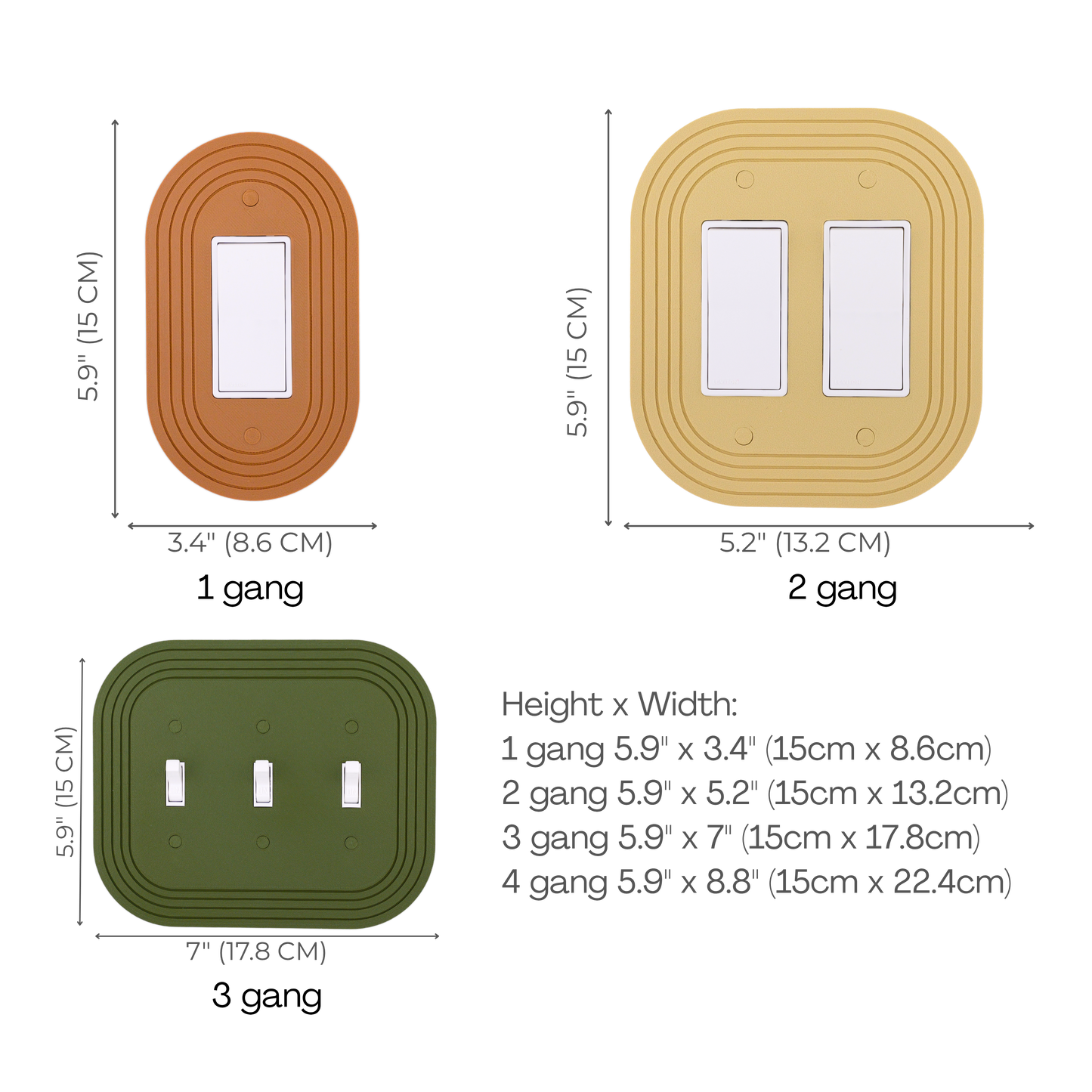 Soft Rectangle Wall Plate size chart — 1 to 4 gang dimensions in inches and cm