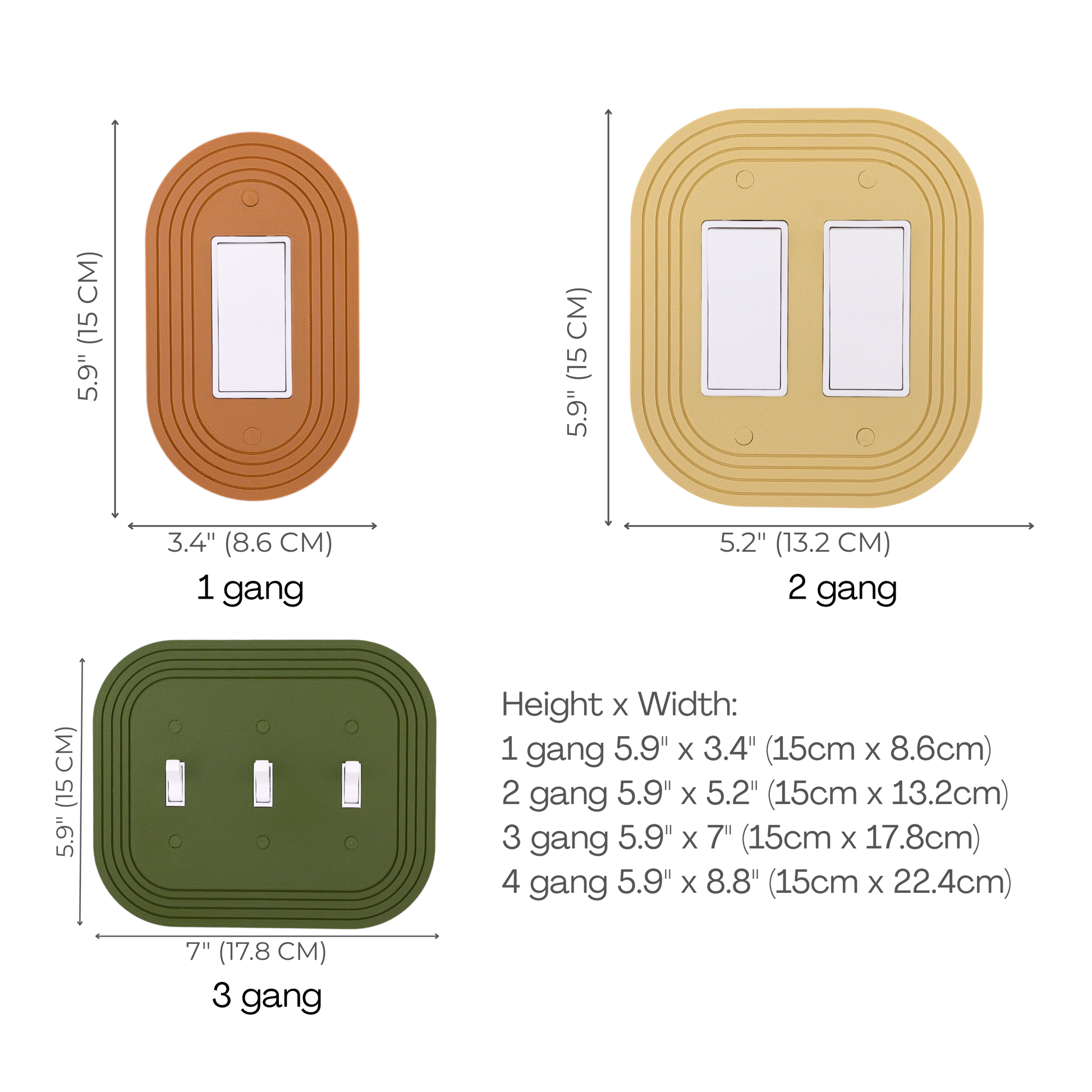 Soft Rectangle Wall Plate size chart — 1 to 4 gang dimensions in inches and cm