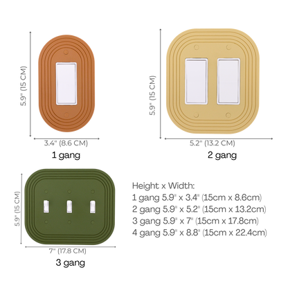 Soft Rectangle Wall Plate size chart — 1 to 4 gang dimensions in inches and cm