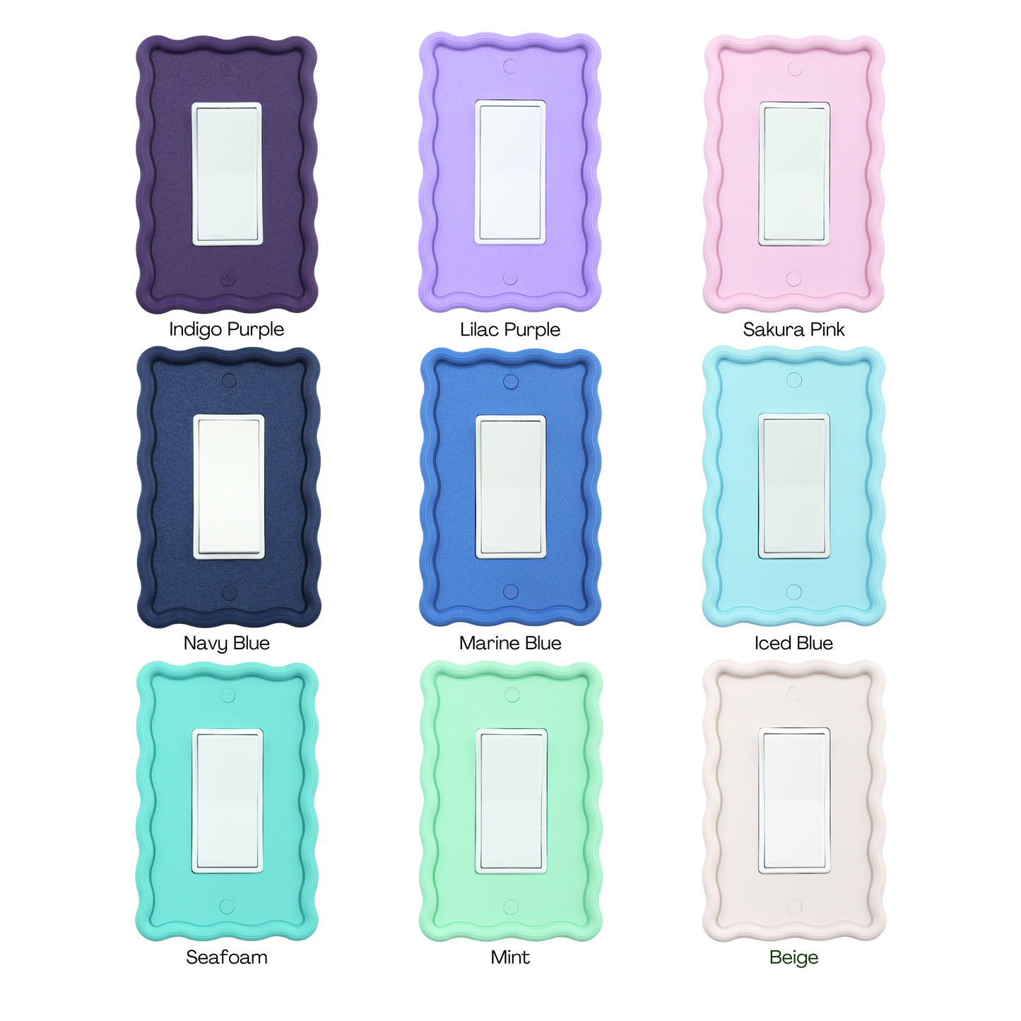 Wavy Rectangle 3D Wall Plate color options: purple, lavender, pink, navy, blue, turquoise, teal, mint, beige