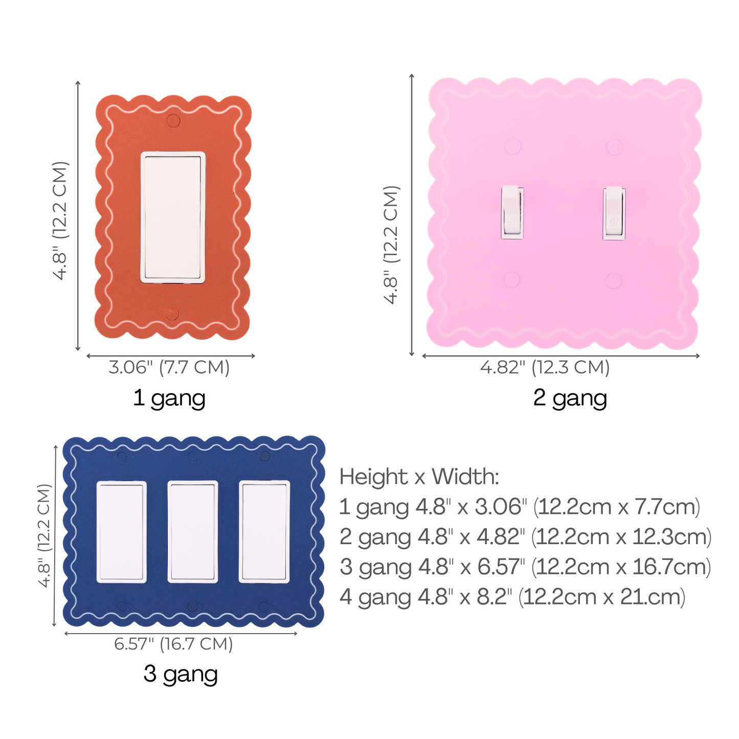 Scalloped Rectangle 1 Row wall plate size chart — 1 to 4 gang dimensions in inches and cm