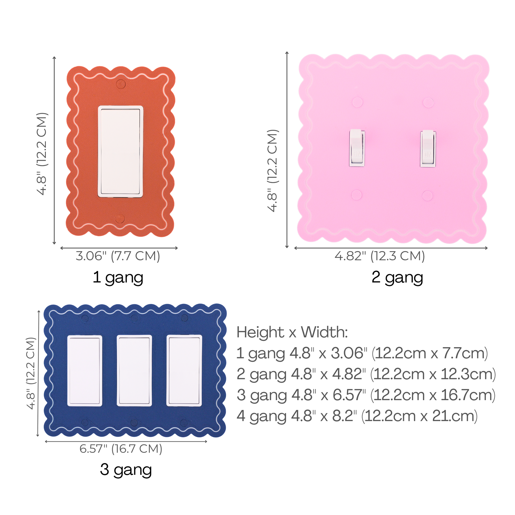 Scalloped Rectangle 1 Row wall plate size chart — 1 to 4 gang dimensions in inches and cm