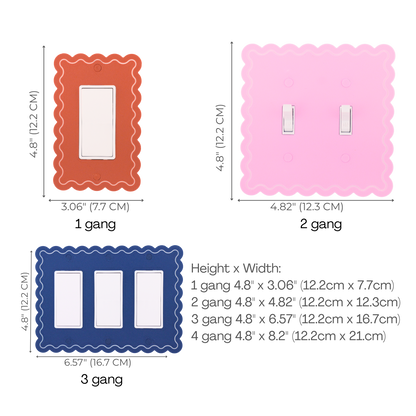 Scalloped Rectangle 1 Row wall plate size chart — 1 to 4 gang dimensions in inches and cm