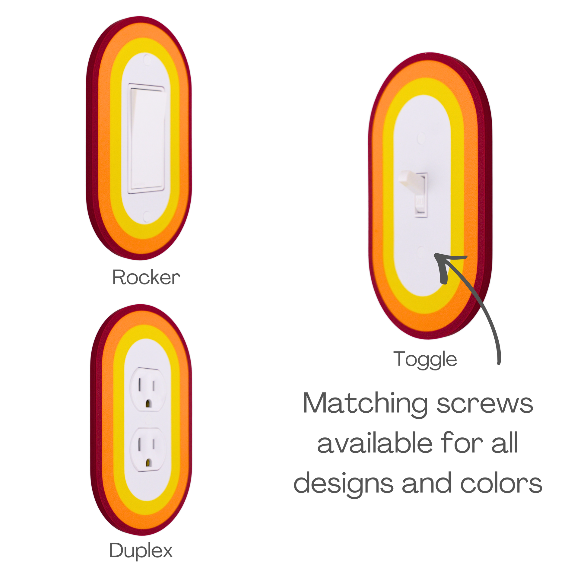 Oval Colored wall plate in yellow tones available in rocker, toggle, and duplex switch types