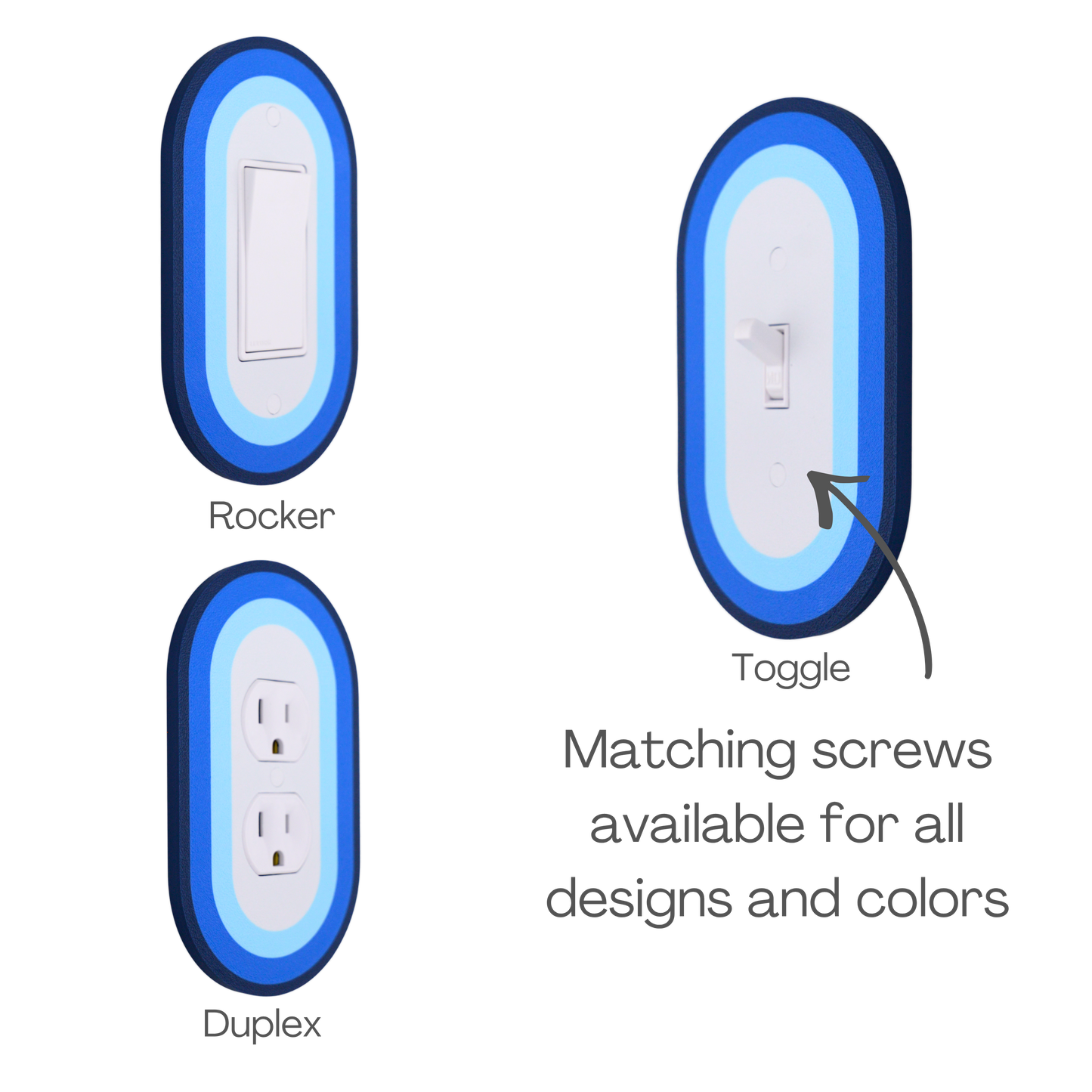 Oval Colored wall plate in blue tones available in rocker, toggle, and duplex switch types