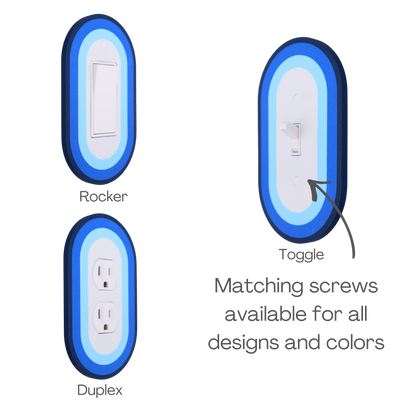 Oval Colored wall plate in blue tones available in rocker, toggle, and duplex switch types