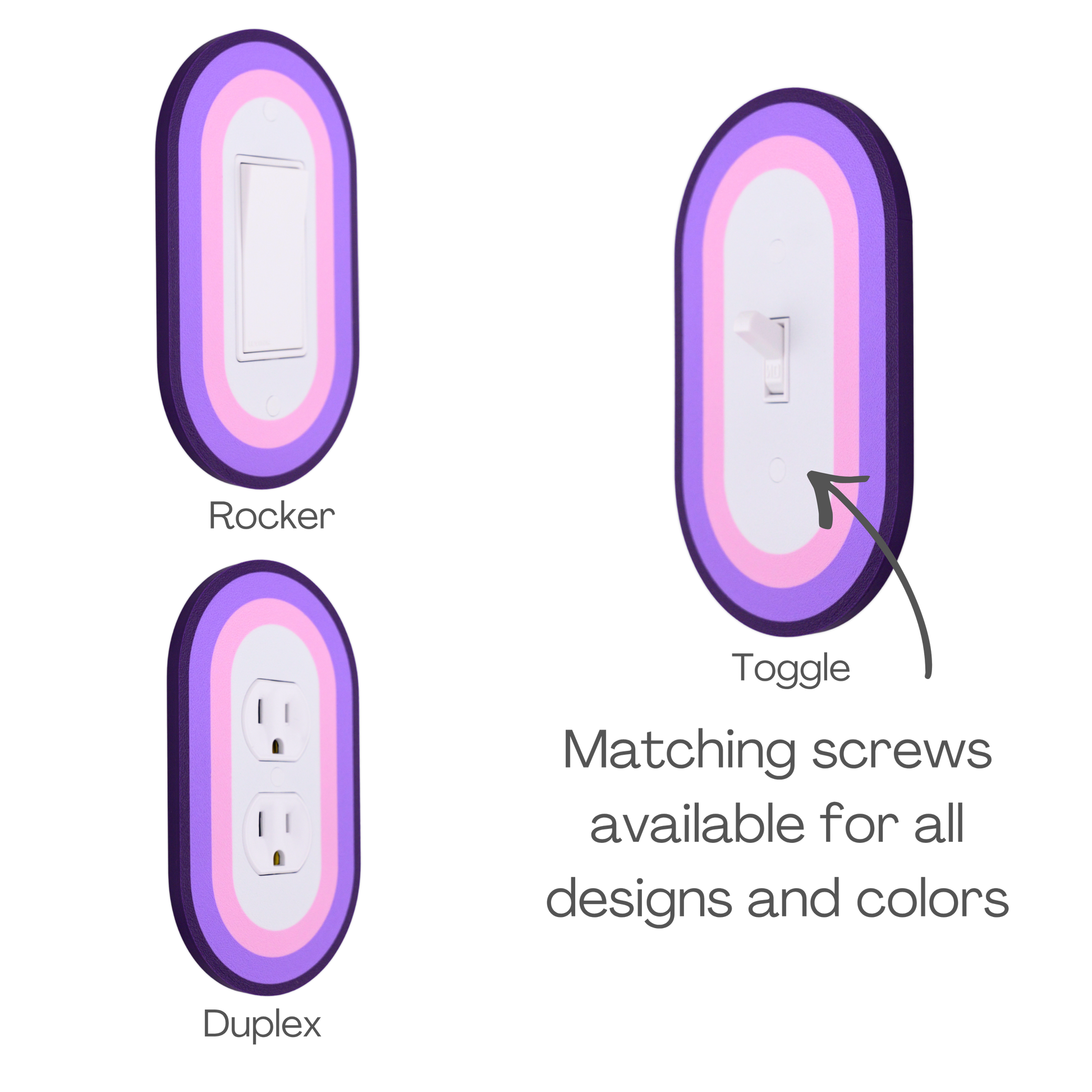 Oval Colored wall plate in purple shown in rocker, toggle, and duplex outlet styles