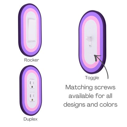 Oval Colored wall plate in purple shown in rocker, toggle, and duplex outlet styles