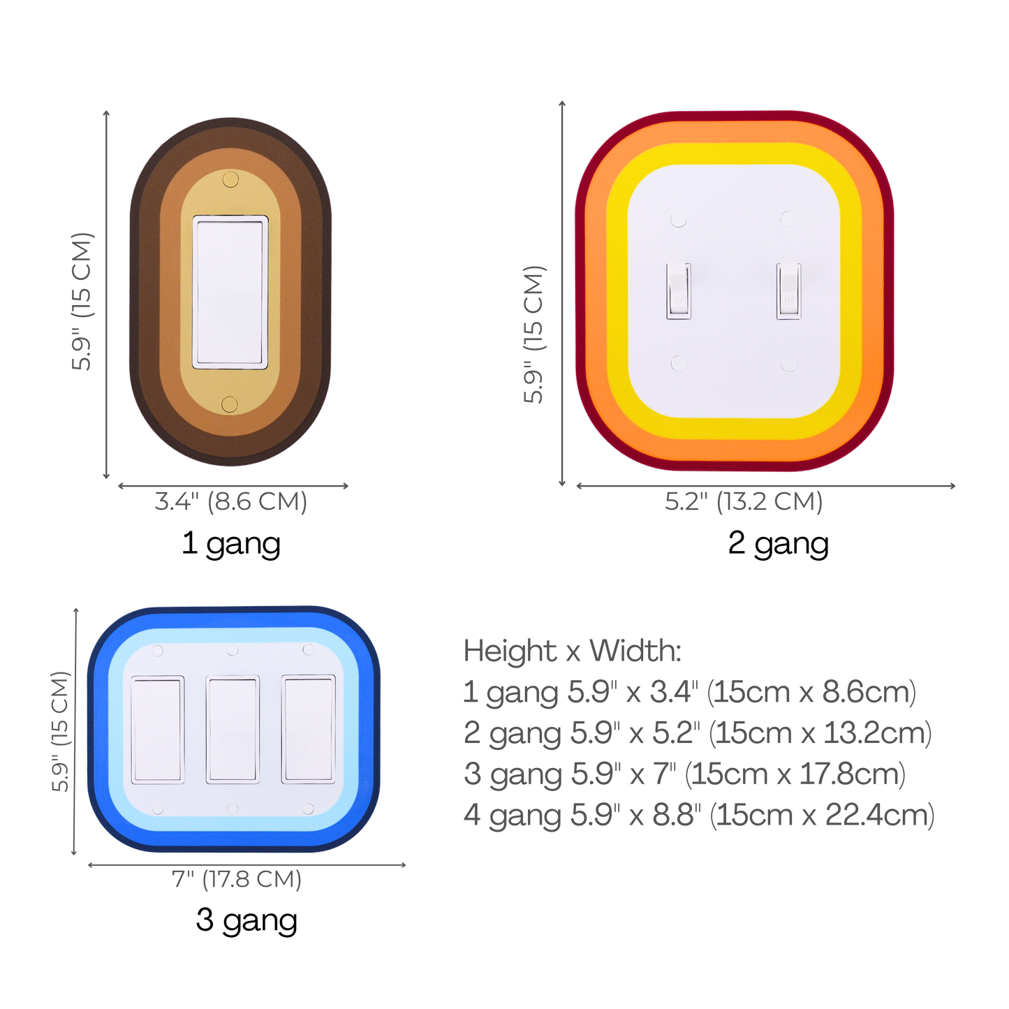 Oval Colored wall plate size chart — 1 to 4 gang dimensions in inches and cm