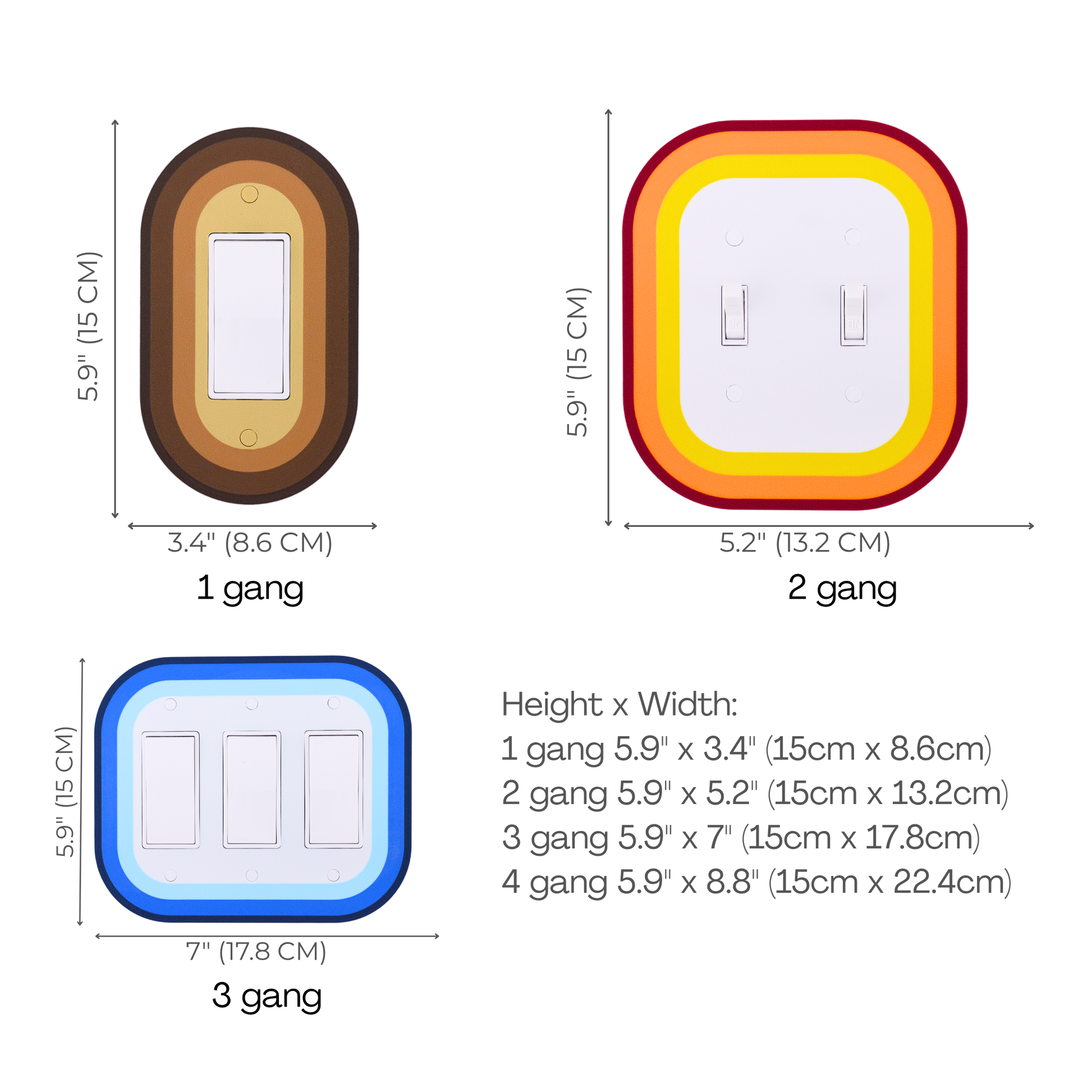 Oval Colored wall plate size chart — 1 to 4 gang dimensions in inches and cm