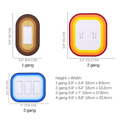 Oval Colored wall plate size chart — 1 to 4 gang dimensions in inches and cm