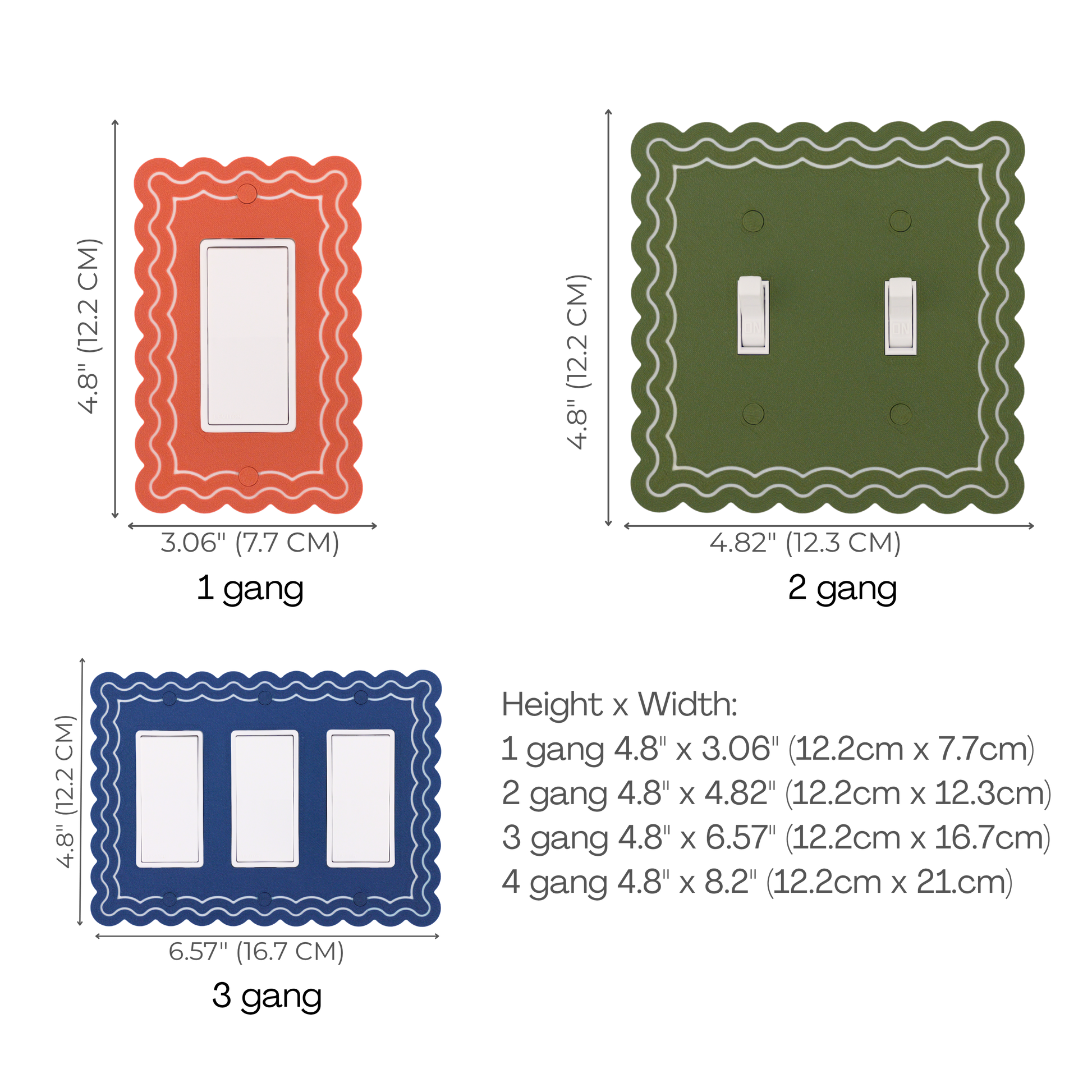 Scalloped Rectangle 2 Rows wall plate size chart — 1 to 4 gang dimensions in inches and cm