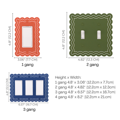 Scalloped Rectangle 2 Rows wall plate size chart — 1 to 4 gang dimensions in inches and cm