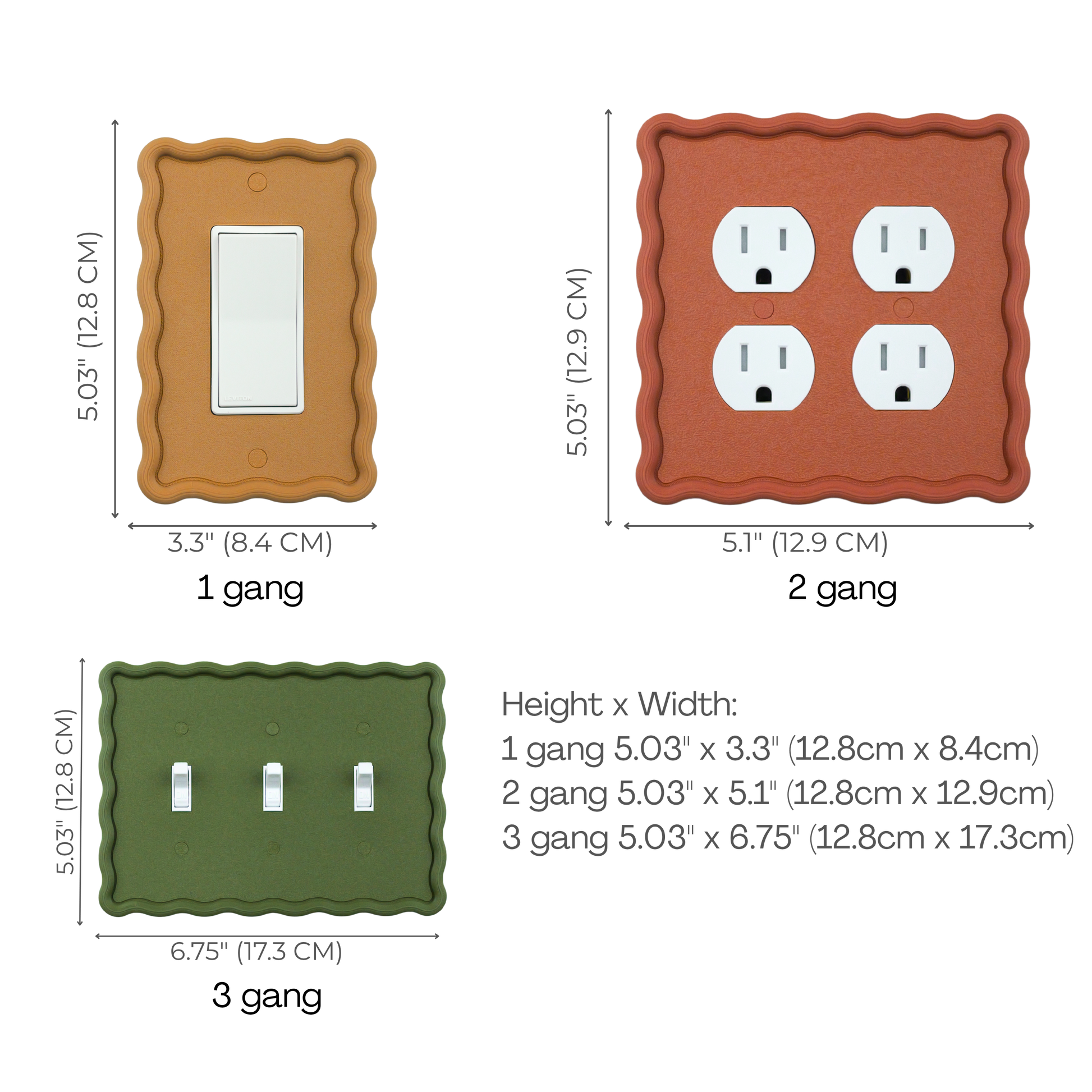 Wavy Rectangle 3D Wall Plate size chart — 1 to 3 gang dimensions in inches and cm