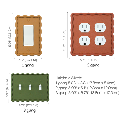 Wavy Rectangle 3D Wall Plate size chart — 1 to 3 gang dimensions in inches and cm