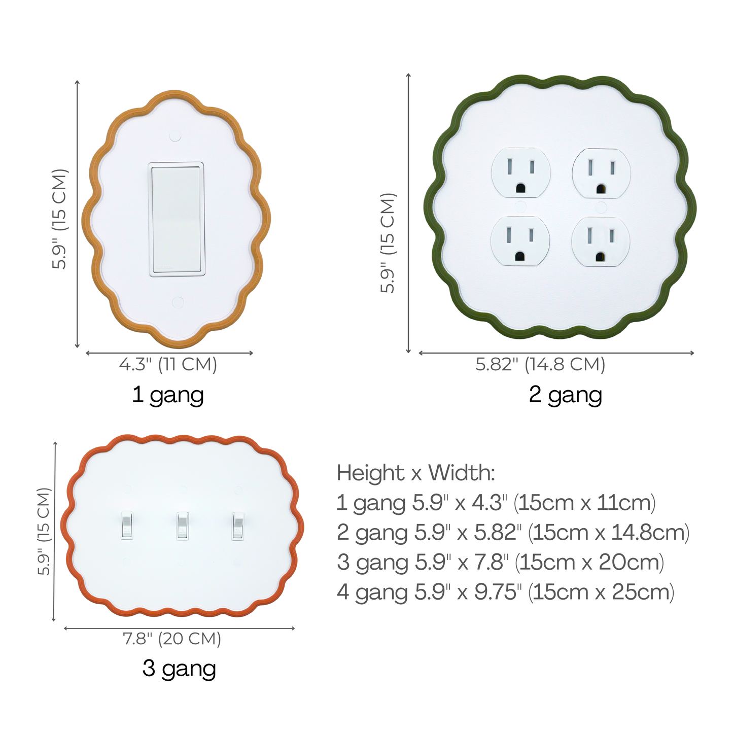 Wavy Oval 3D Wall Plate size chart — 1 to 4 gang dimensions in inches and cm