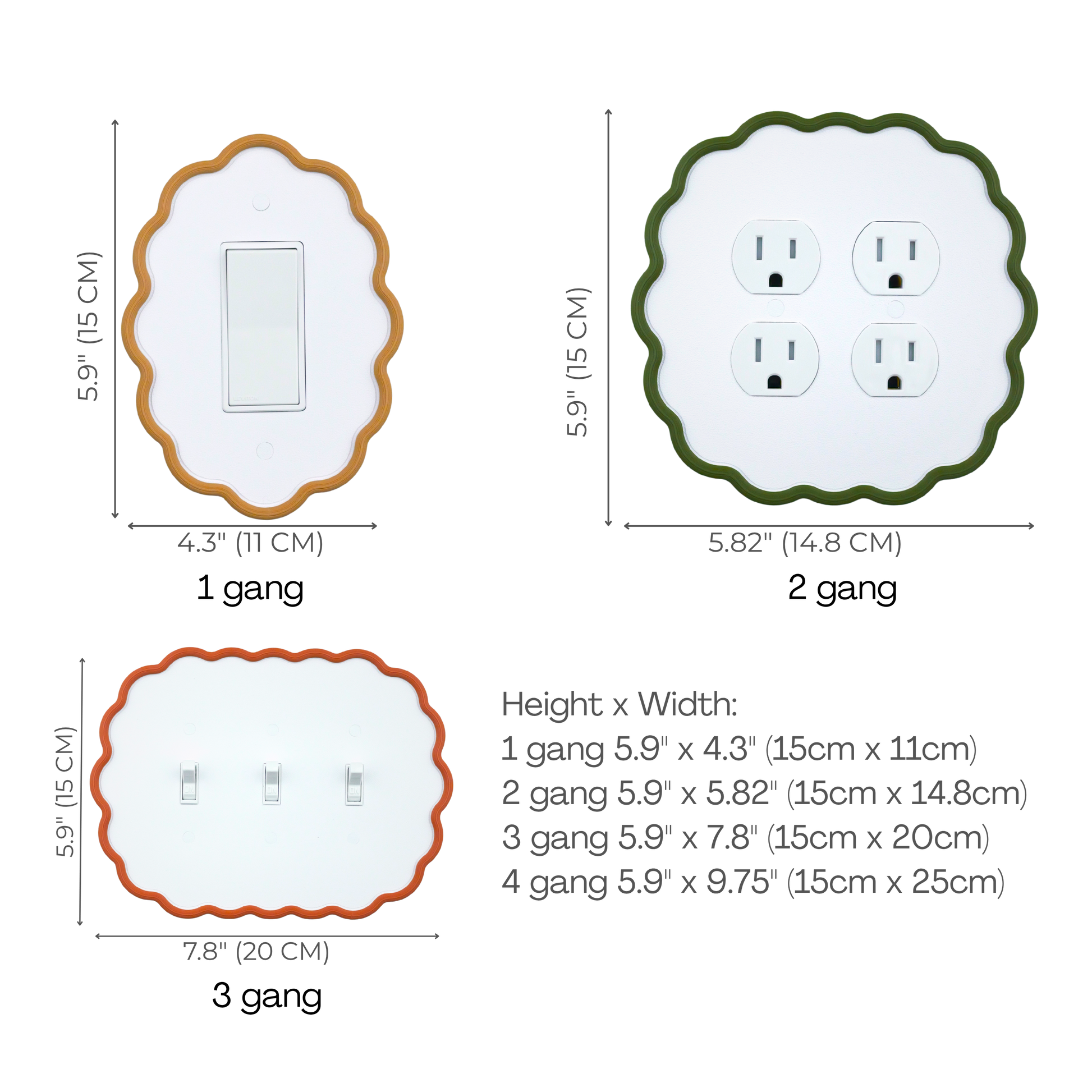 Wavy Oval 3D Wall Plate size chart — 1 to 4 gang dimensions in inches and cm