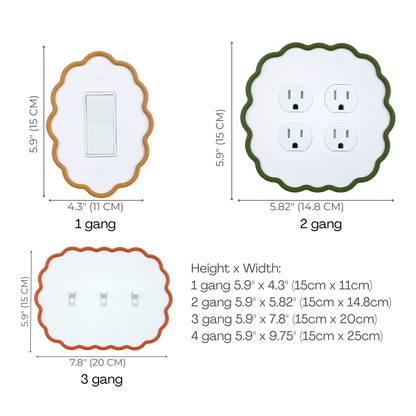 Wavy Oval 3D Wall Plate size chart — 1 to 4 gang dimensions in inches and cm