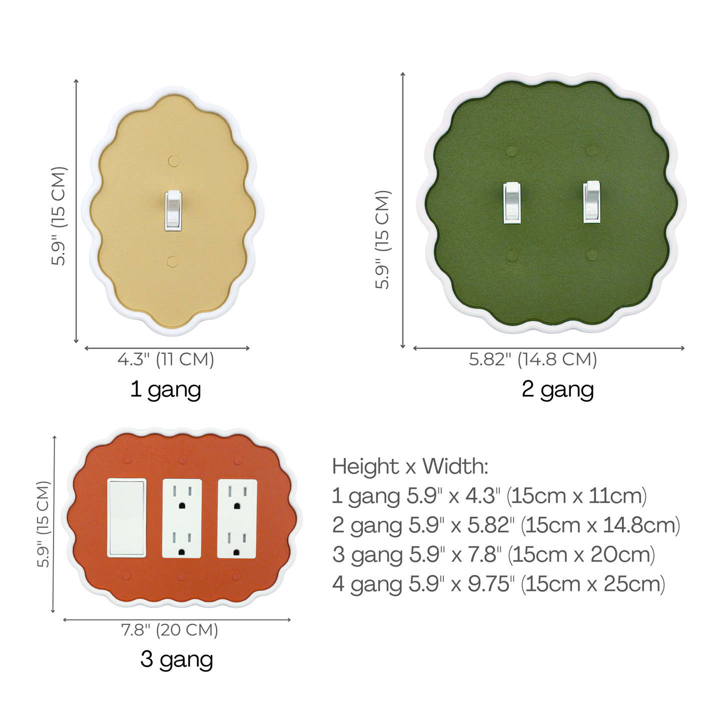 Wavy Oval 3D Wall Plate size chart — 1 to 4 gang dimensions in inches and cm