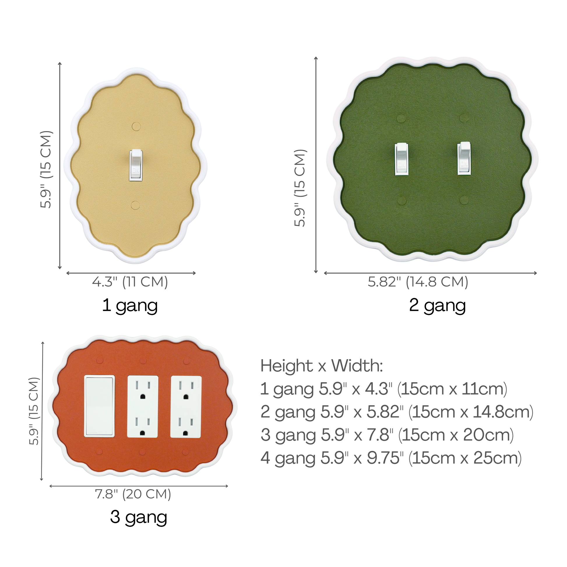 Wavy Oval 3D Wall Plate size chart — 1 to 4 gang dimensions in inches and cm