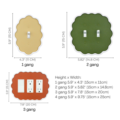 Wavy Oval 3D Wall Plate size chart — 1 to 4 gang dimensions in inches and cm