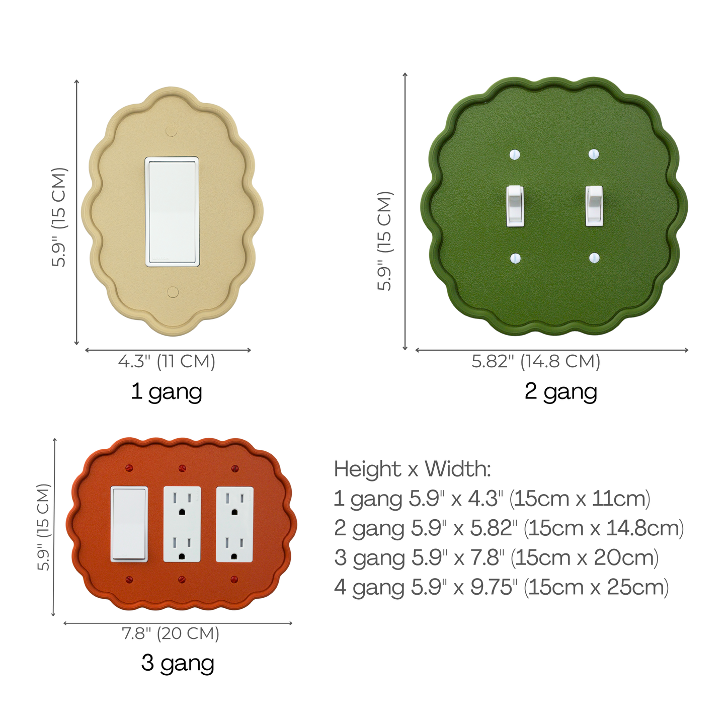 Wavy Oval 3D Wall Plate size chart — 1 to 4 gang dimensions in inches and cm