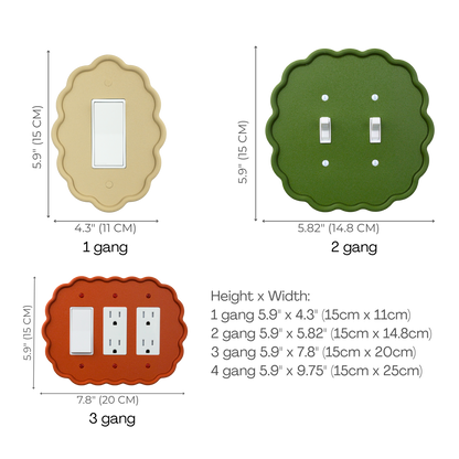 Wavy Oval 3D Wall Plate size chart — 1 to 4 gang dimensions in inches and cm