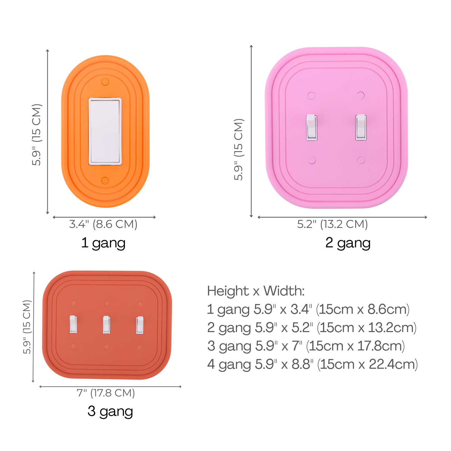Oval 3D Wall Plate size chart — 1 to 4 gang dimensions in inches and cm