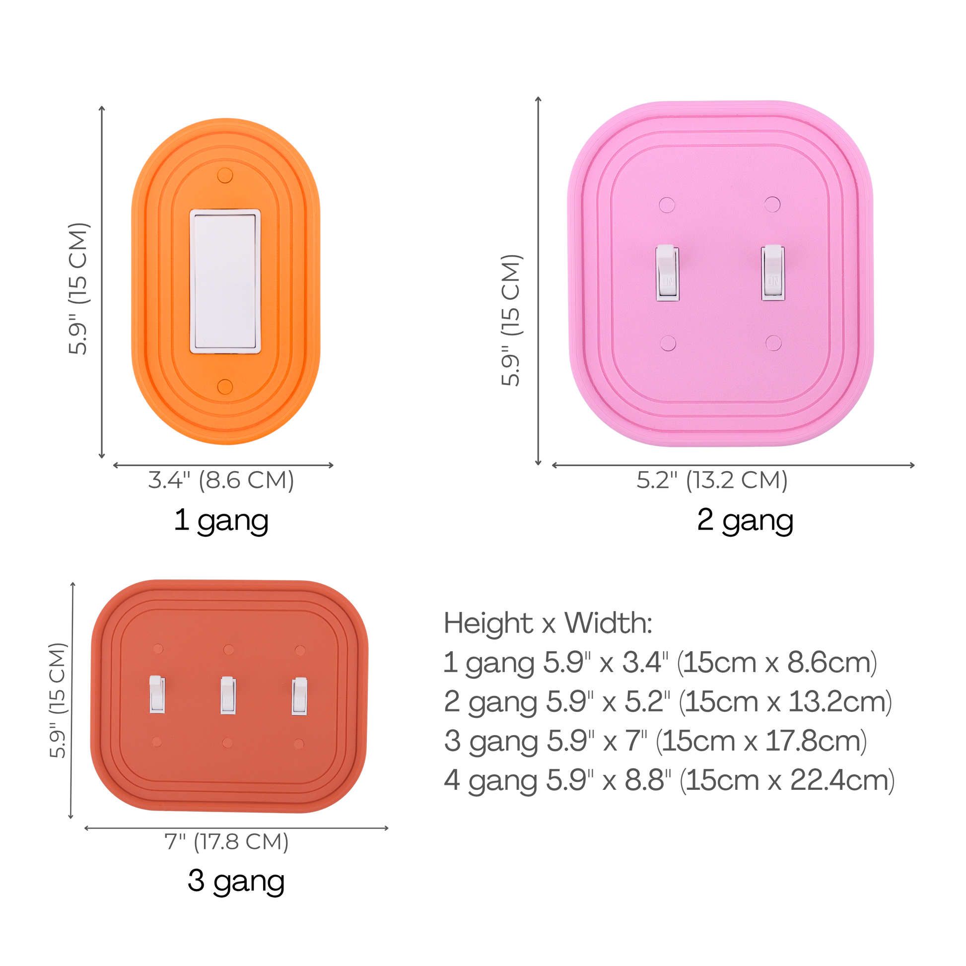 Oval 3D Wall Plate size chart — 1 to 4 gang dimensions in inches and cm