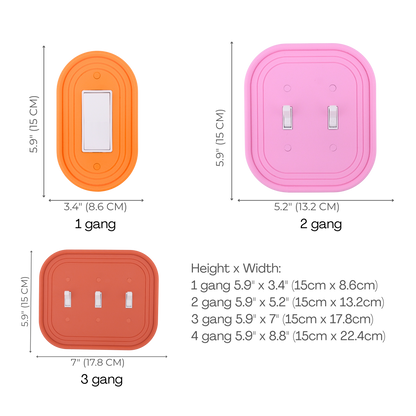 Oval 3D Wall Plate size chart — 1 to 4 gang dimensions in inches and cm