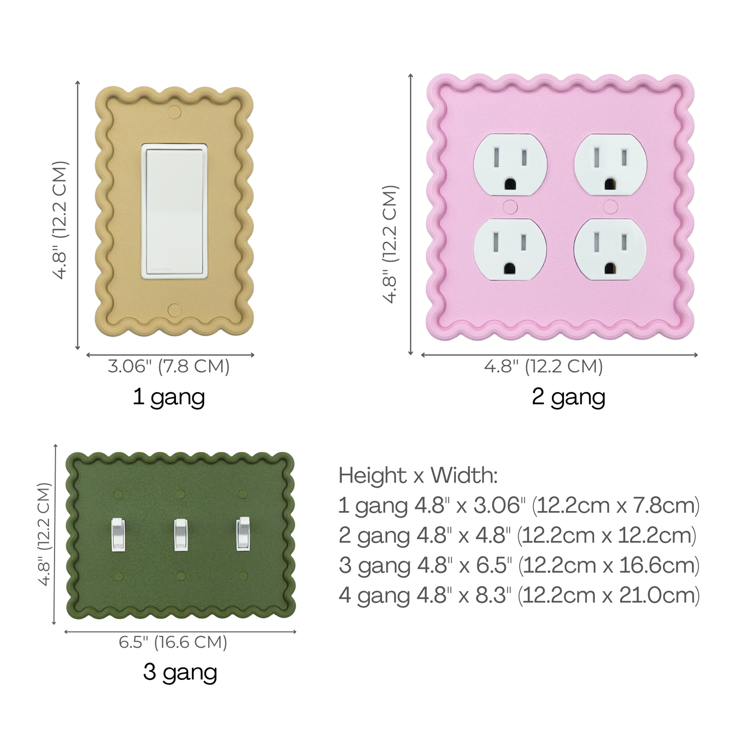 Scalloped Rectangle 3D Wall Plate size chart — 1 to 4 gang dimensions in inches and cm