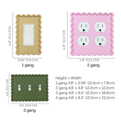 Scalloped Rectangle 3D Wall Plate size chart — 1 to 4 gang dimensions in inches and cm