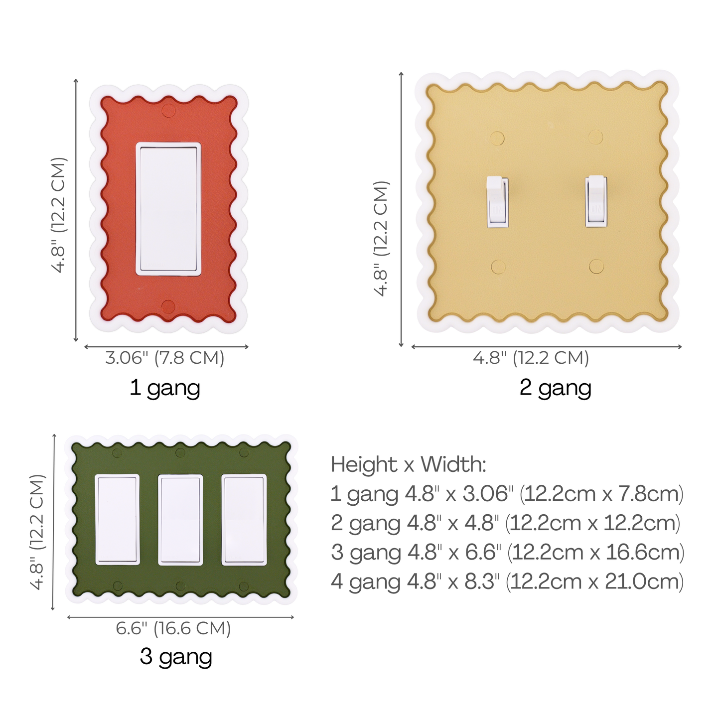 Scalloped Rectangle 3D Wall Plate size chart — 1 to 4 gang dimensions in inches and cm