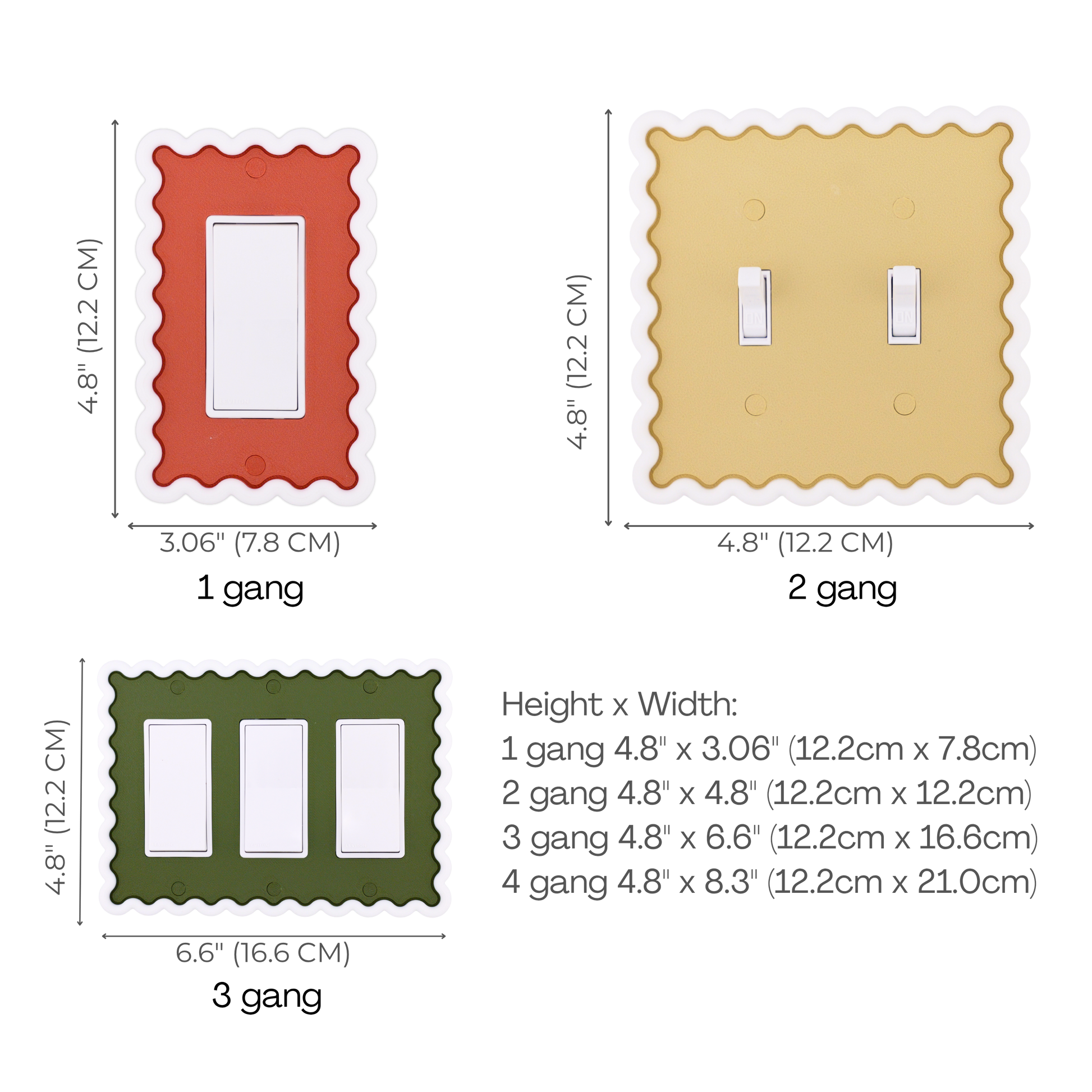 Scalloped Rectangle 3D Wall Plate size chart — 1 to 4 gang dimensions in inches and cm
