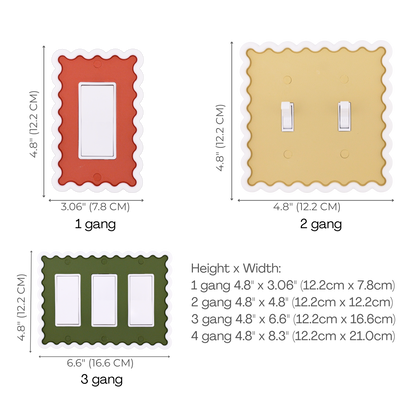 Scalloped Rectangle 3D Wall Plate size chart — 1 to 4 gang dimensions in inches and cm