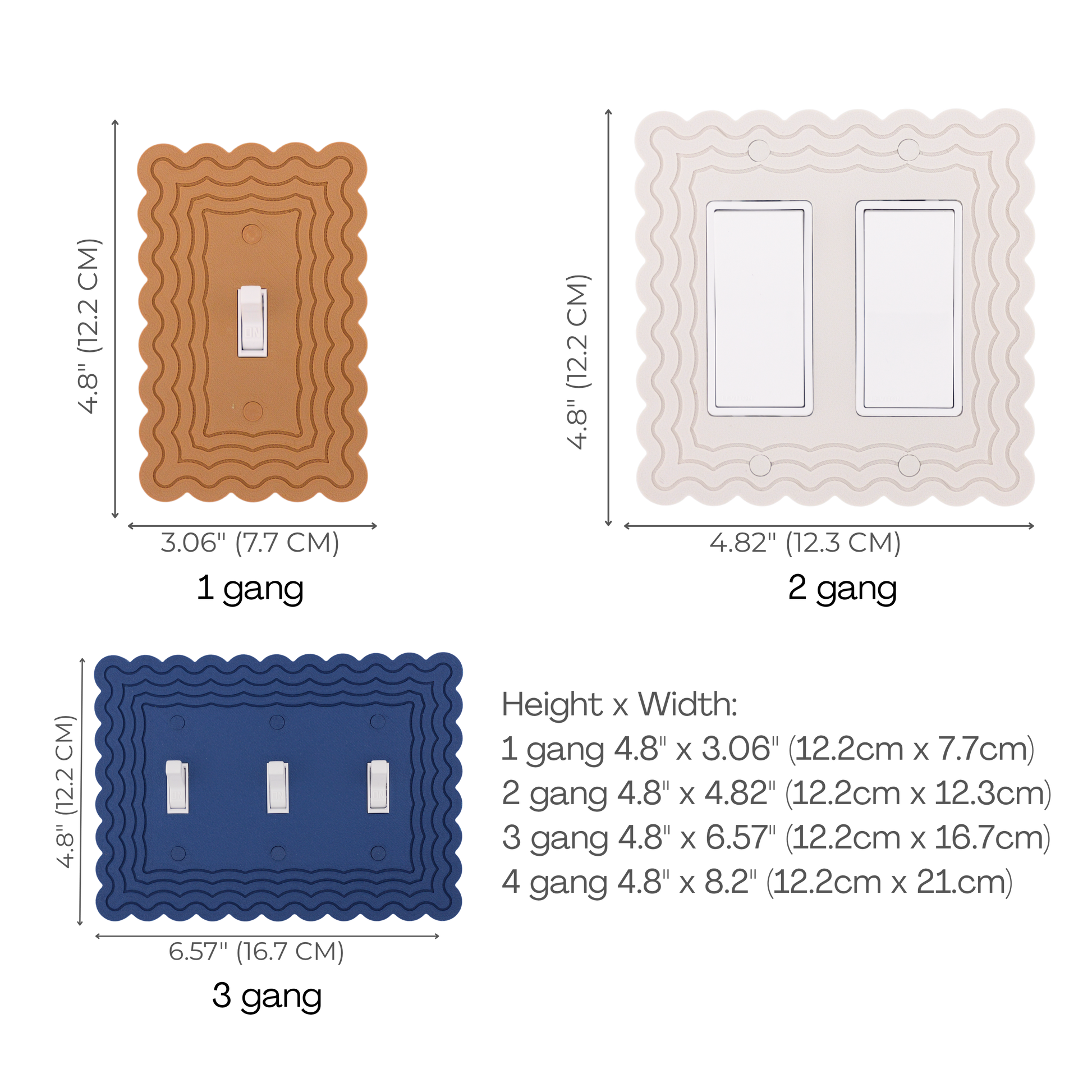 Scalloped Rectangle 4 Rows wall plate size chart — 1 to 4 gang dimensions in inches and cm